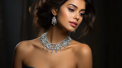 Foto op Plexiglas Portrait of a young beautiful woman wearing elegant silver jewelry - earrings and necklace. Luxury jewelry set on model.  © SnowElf