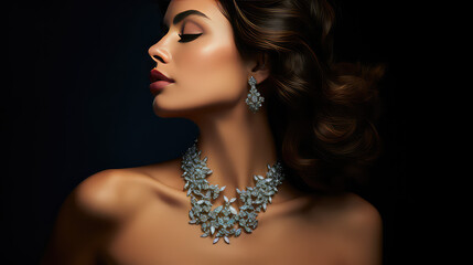 Portrait of a young beautiful woman wearing elegant silver jewelry - earrings and necklace. Luxury jewelry set on model.  - obrazy, fototapety, plakaty