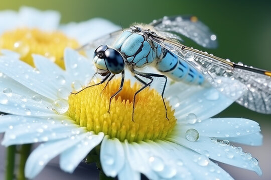 Macro Dragonfly Coenagrion Puella on a Daisy Flower with Dew Drop on a Sunny Day - Created with Generative AI Tools