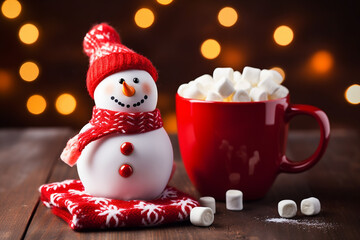 Marshmallow Snowman in Red Mug with Hot Chocolate on Festive X-mas Background - Created with Generative AI Tools