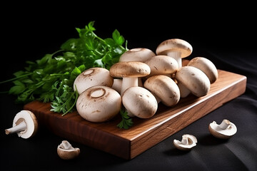 Raw Champignons on Black Background - Cooking Fresh Champignons - Created with Generative AI Tools
