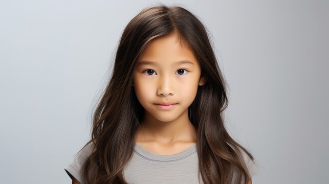 photo portrait of a beautiful young asian American model teen girl looking forward. child ad with copy space, cute, kids, children, beauty, pretty