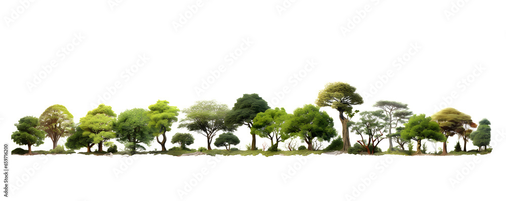 Poster landscape green trees in the forest and foliage in summer. row of trees and shrubs. isolated on whit