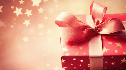 Fototapeta premium Christmas gift box with red ribbon on a red bokeh background.