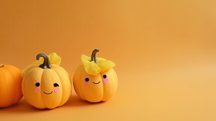 Halloween pumpkins background and copy space for text. cute smile pumpkins Horizontal banner