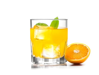 Glass of orange juice with slice of orange isolated on white background.