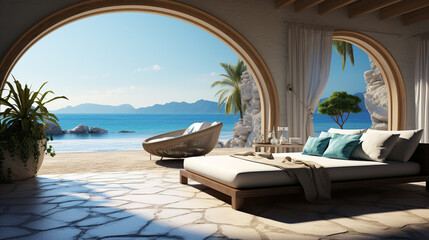 Obraz na płótnie Canvas lounge chairs on the beach HD 8K wallpaper Stock Photographic Image