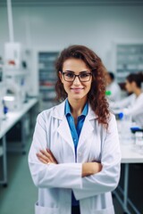 Fototapeta premium Attractive young female scientist wearing white coat and glasses in modern Medical Science Laboratory with Team of Specialists on background