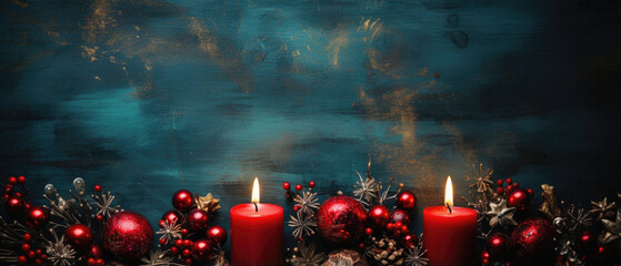 Christmas background with candles, fir branches, christmas decorations and lights.