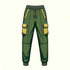 Illustration of olive-green jogging track pants with contrasting yellow pockets.