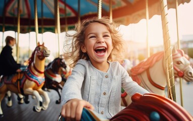 A happy child girl expressing excitement while having fun on a merry-go-round colorful carousel at an amusement park - obrazy, fototapety, plakaty