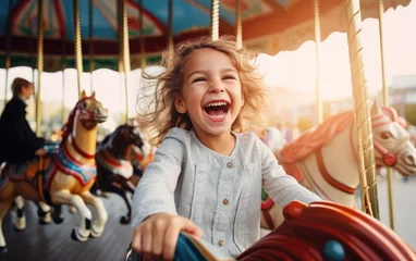 Foto op Plexiglas A happy child girl expressing excitement while having fun on a merry-go-round colorful carousel at an amusement park © piai