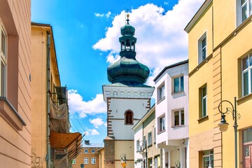 View of the bell tower of the Holy Trinity Church in Krosno, Poland.