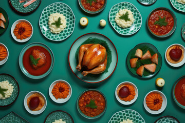 Turkey and other dishes, snacks for the table at Christmas. Green table top view.