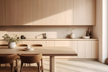 Fototapeta na wymiar Minimalist modern clean kitchen interior design in minimal beige colors, warm and cozy feeling, clear space