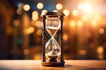 Hourglass on a wooden surface. Blurry bokeh background - obrazy, fototapety, plakaty