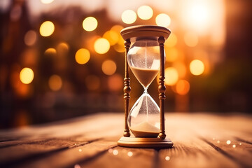 Hourglass on a wooden surface. Blurry bokeh background - obrazy, fototapety, plakaty