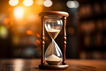 Hourglass on a wooden table with bokeh background in a blurry library full of books - obrazy, fototapety, plakaty