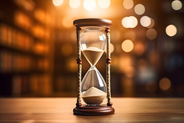 Hourglass on a wooden table with bokeh background in a blurry library full of books