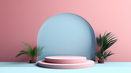 Minimal podium pedestal background for product display, Packaging showcase, Pastel blue and pink colored tone. Generative AI