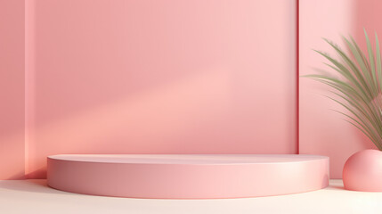 Minimal podium pedestal background for product display, Packaging showcase, Pastel pink colored tone. Generative AI