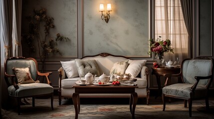 Fototapeta na wymiar luxury sofa in the room with beautiful light on the wall 