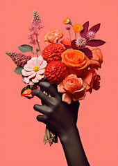 Collage of a black African American woman's hand holding a beautiful bunch of bespoke flowers, in a collage style photobash mockup - pink peachy floral colors and lots of details