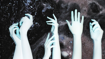 Negative effect. Psychedelic energy. Fantasy galaxy. Blue woman alien hands arms on dark glitter...