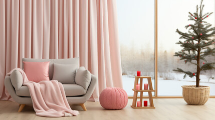 3D Empty modern minimal room with white sheer drape UHD wallpaper Stock Photographic Image