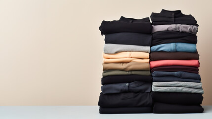 Pile, stack of clothes on light pastel background, copyspace for text