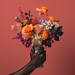 Collage of a black African American hand / hands holding a beautiful bunch of bespoke flowers, in a collage style photobash mockup - vintage collage