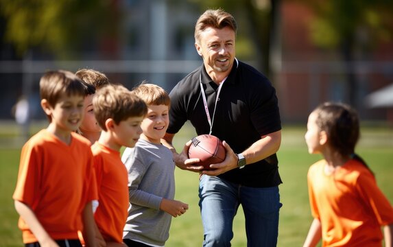 Elementary school coach playing American football with his students