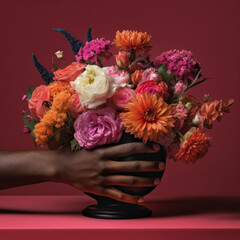 Collage of a black African American hand holding a vase of bespoke flowers - vintage collage surrealism - creativity