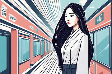 Sophisticated Asian woman, long hair, and advertisement feel, Generative AI
