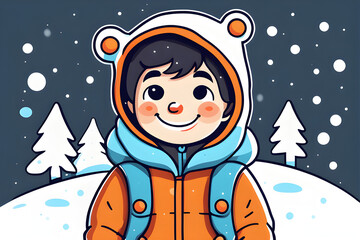 with a big smile, a cute little boy, a snowy, warm outfit, Generative AI