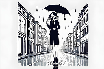 Office woman, stylish clothes, a big smile, rainy street, Generative AI