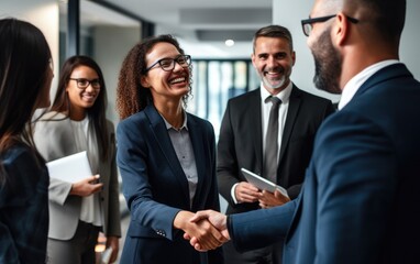 Mixed skin staff smiling greeting a guest in a white office