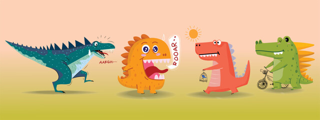 Set of cute dinosaur prehistoric cartoon animal vector illustration.