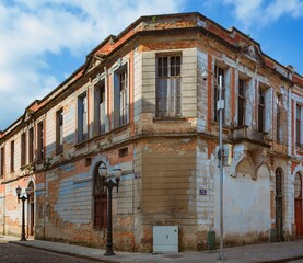 Santos city, Brazil. Old facade of a building from the beginning of the 20th century in ruins....