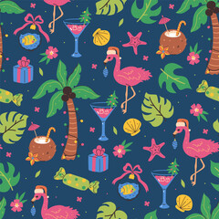 Seamless Christmas pattern with flamingos, cocktails, gifts and palm trees. Vector graphics.