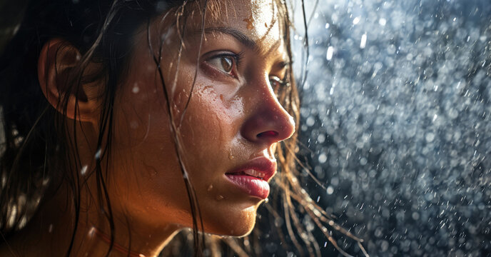Mulher praticando esportes e posando para foto em meio a uma tempestade de chuva, vida fitness de mulheres.
