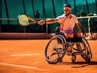 A Young disabled athlete without legs in a wheelchair playing tennis. - obrazy, fototapety, plakaty