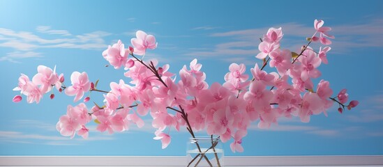 pink flower on a window with blue sky