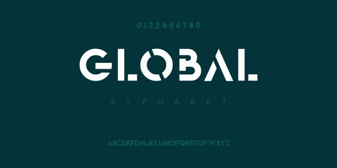 Global  Modern abstract digital alphabet font. Minimal technology typography, Creative urban sport fashion futuristic font and with numbers. vector illustration - obrazy, fototapety, plakaty