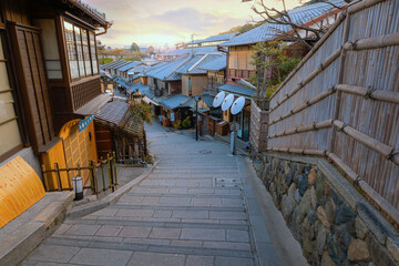 Kyoto, Japan - March 30 2023: Nineizaka or Ninenzaka s an ancient 150m stone-paved pedestrian road....
