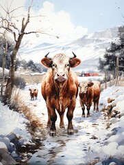 Watercolor of a cow in the snowy field