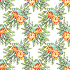 Seamless pattern with watercolor citrus fruit orange tangerine with green leaves and fir or pine branch on white background. Hand-drawn christmas food for winter card or wallpaper. Menu or wrapping