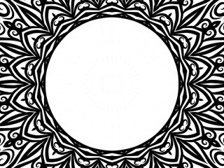 Beautiful black and white mandala circle frame with aesthetic line art flowers pattern 
