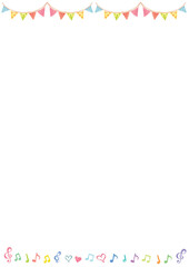 色鉛筆で描いたかわいい柄のガーランドと音符などのフレーム-縦型