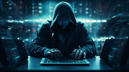 cybersecurity vulnerability and hacker, coding, malware concept. Hooded computer hacker in cybersecurity vulnerability on server room background.